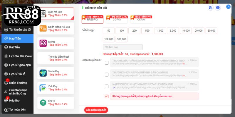 Người chơi nạp tiền RR88 bằng các phương thức khác nhau