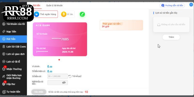 Nhập số tiền rút và xác nhận rút tiền RR88 thành công